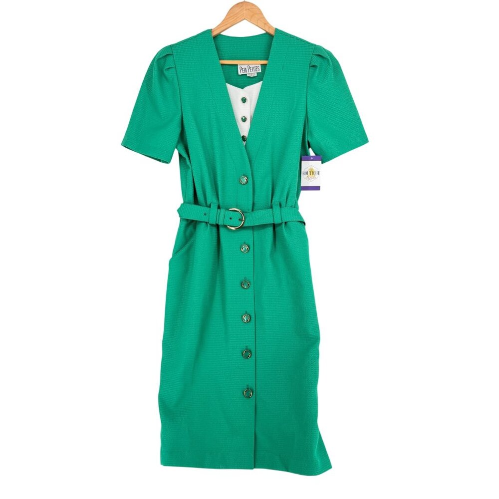 Vintage Peri Petites 80s Dress Kelly Green 14 Button Front Belted Pockets USA